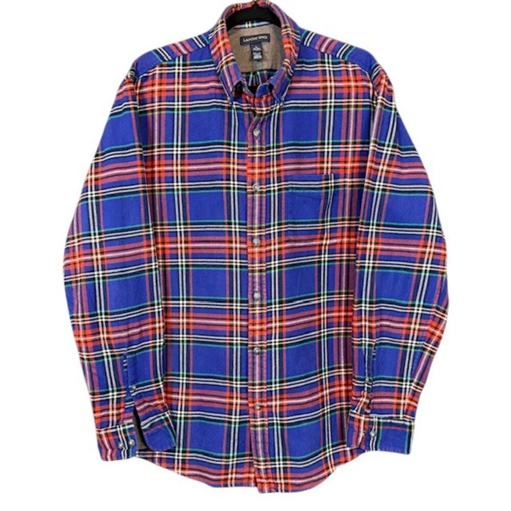 Lands' End Flannel Shirt Traditional Fit Contrast Cuffs Blue Red‎ Size Large